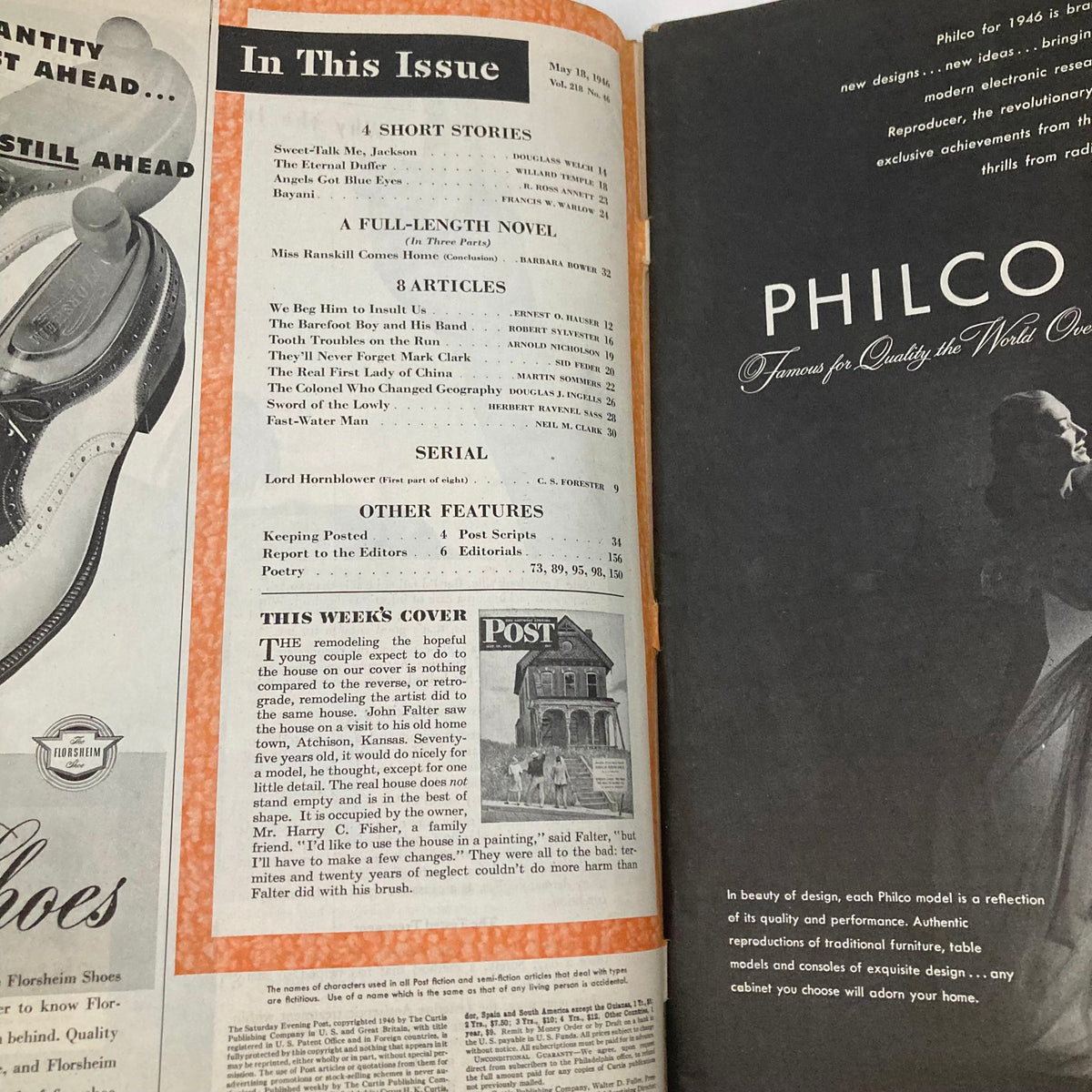 Interior page of the Saturday Evening Post Magazine from May 18, 1946, showcasing the table of contents and highlights of the issue, including articles and features related to the cover story.