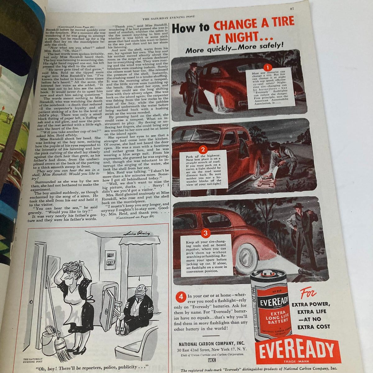 A guide on 'How to Change a Tire at Night' featured in Saturday Evening Post Magazine May 18 1946, illustrating step-by-step directions with accompanying visuals.