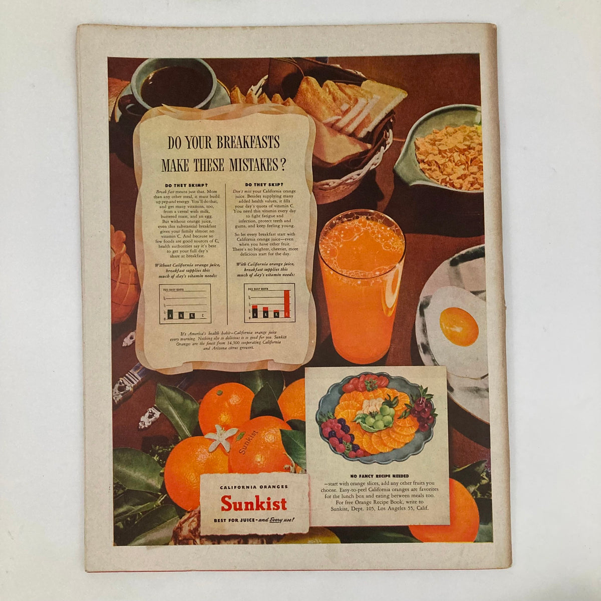 Nutritional advertisement in Saturday Evening Post Magazine May 18 1946 focusing on breakfast mistakes, with visuals of food items and information on healthy eating.