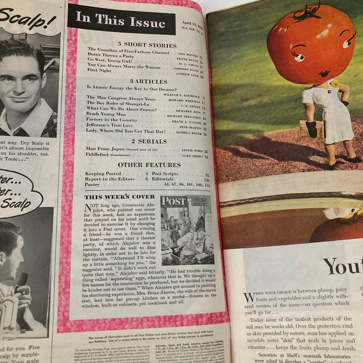 Inside page of the Saturday Evening Post Magazine April 13 1946 featuring the table of contents and articles summary, capturing the essence of mid-20th century American culture.
