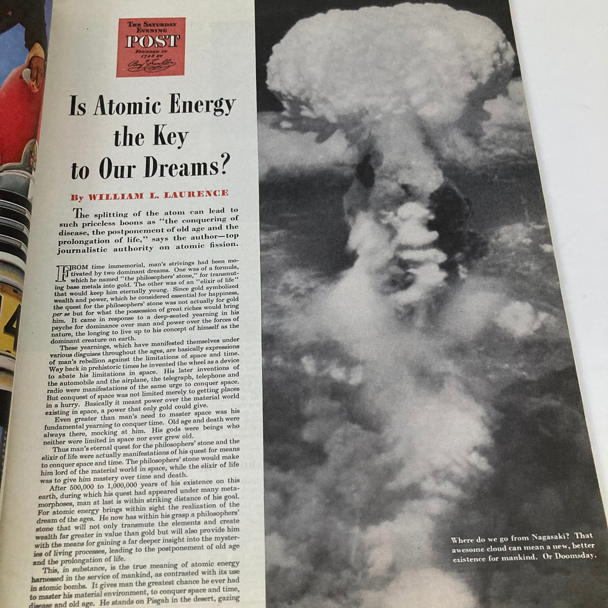 Article page from the Saturday Evening Post Magazine April 13 1946 discussing atomic energy, accompanied by a historical photograph of a mushroom cloud, reflecting post-war anxieties.