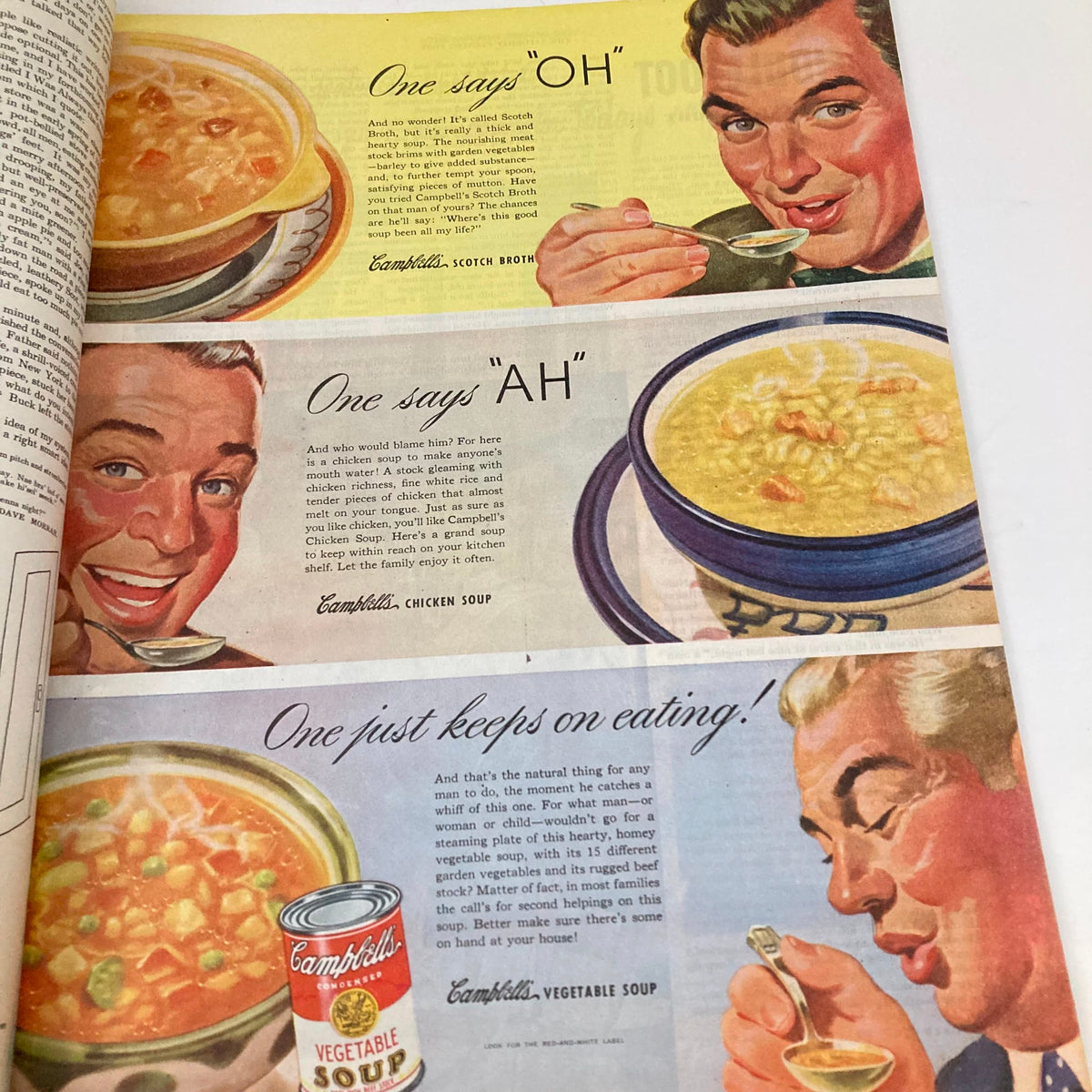 Advertisement page in the Saturday Evening Post Magazine April 13 1946 showcasing Campbell's soup products with vibrant illustrations and engaging text around eating and family.