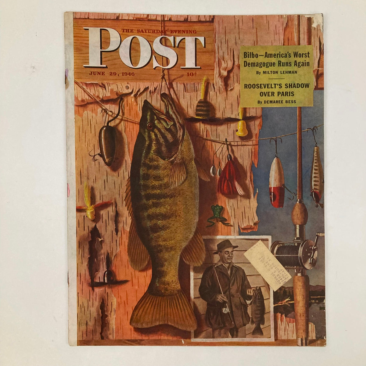 Saturday Evening Post Magazine June 29, 1946 Illustrated Cover featuring a large striped bass and fishing gear, showcasing mid-20th century art style.