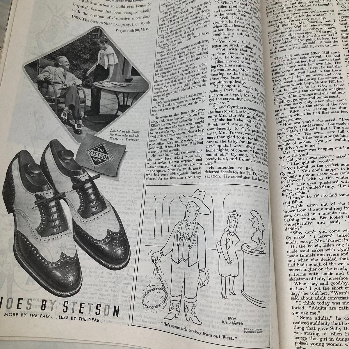 Advertisement featuring Stetson shoes and an illustration along with a photo from the Saturday Evening Post Magazine June 29, 1946.