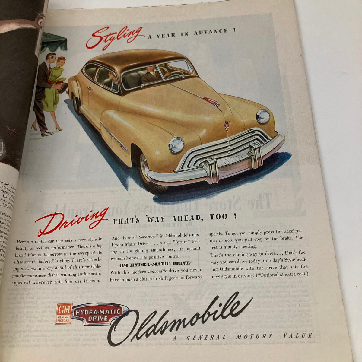 Advertisement page from the Saturday Evening Post Magazine September 21, 1946, promoting Oldsmobile and its new Hydra-Matic Drive, highlighting features of the vehicle.