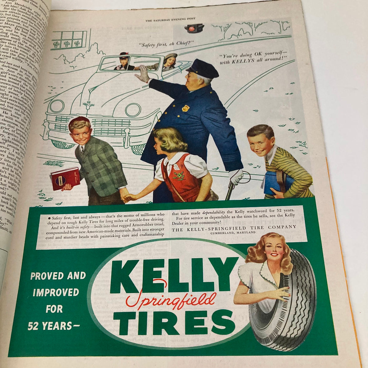 Advertisement page from the Saturday Evening Post Magazine September 21, 1946, featuring Kelly Springfield Tires, illustrating the importance of tire quality and safety.