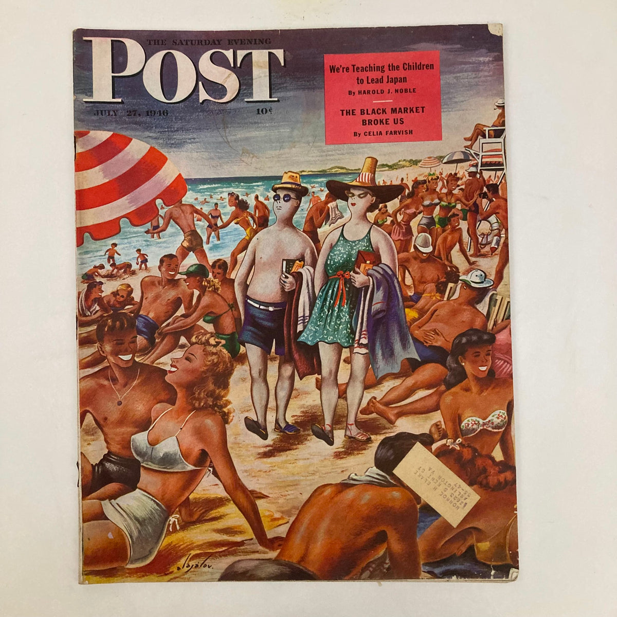 Cover of Saturday Evening Post Magazine dated July 27, 1946 featuring 'New Arrivals' artwork by Constantin Alajalov, depicting a vibrant beach scene with people enjoying the summer.