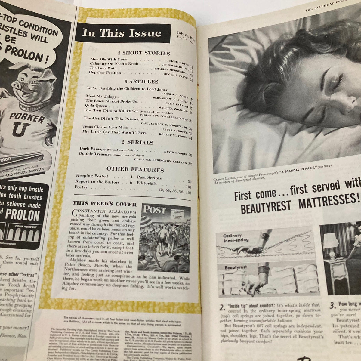 Inside page of Saturday Evening Post Magazine July 27, 1946 showcasing articles and features, including commentary on the cover art by Constantin Alajalov.