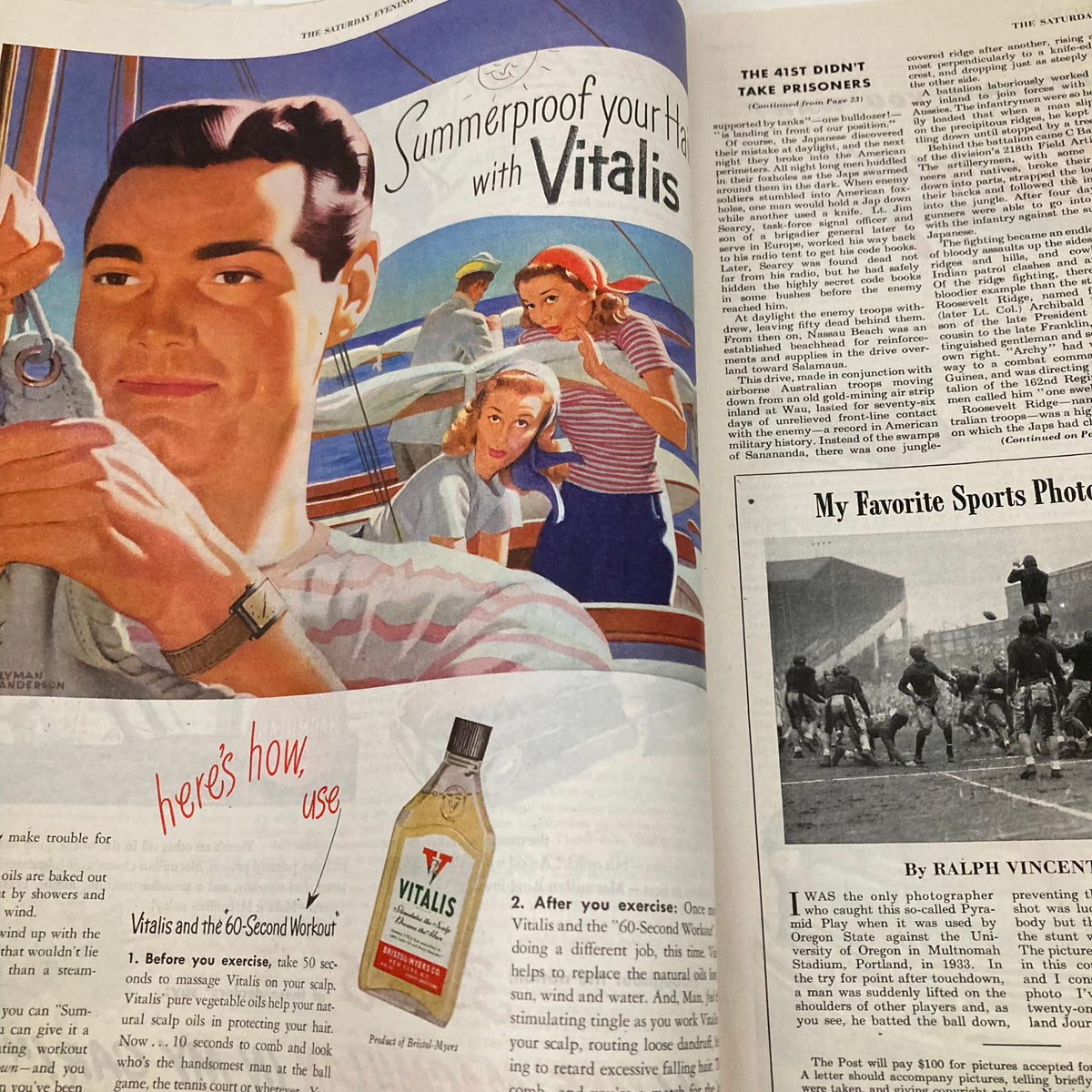 Inside page of Saturday Evening Post Magazine July 27 1946 showcasing an advertisement for Vitalis hair tonic with a man and women on a boat.