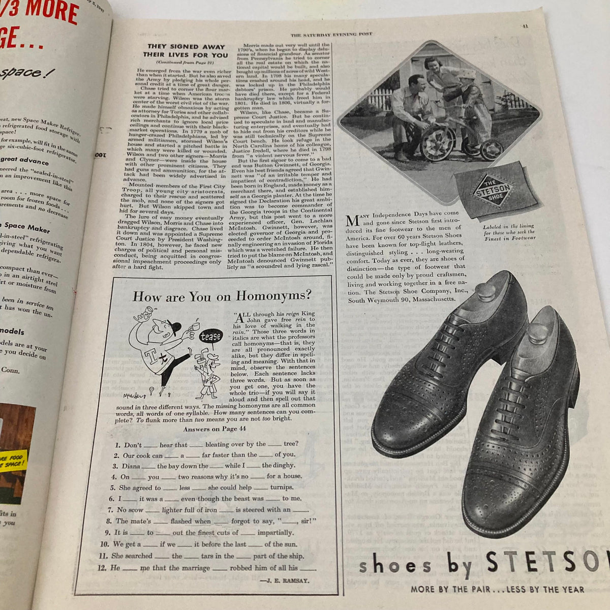 Interior page of Saturday Evening Post Magazine from July 5, 1947 featuring an article titled 'They Signed Away Their Lives for You' along with a humorous cartoon and an advertisement for Stetson shoes.