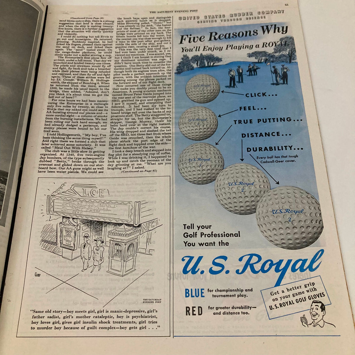 Interior page of Saturday Evening Post Magazine from July 5, 1947 showcasing an article paired with an advertisement for U.S. Royal golf balls, emphasizing the benefits of their product.