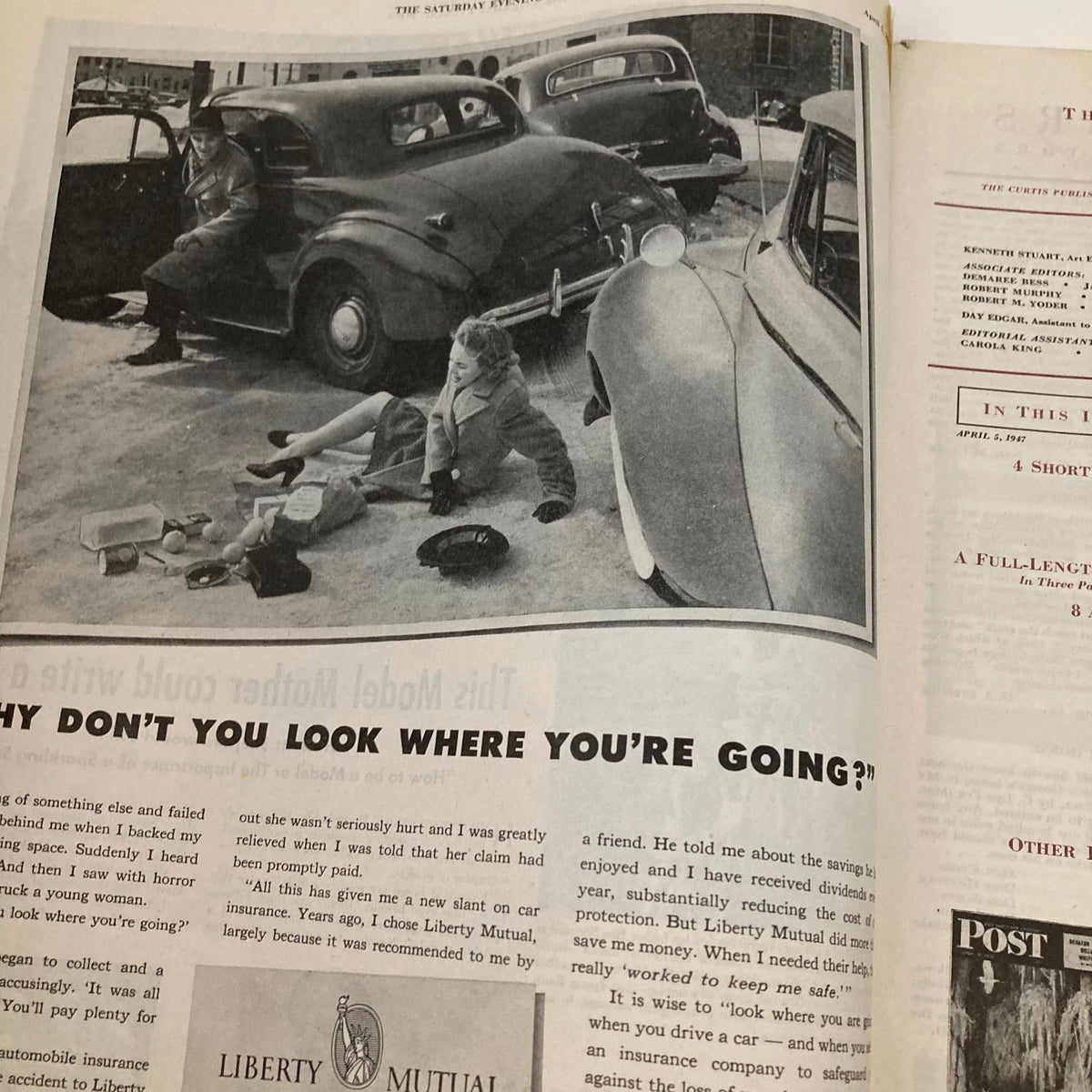 Illustration from Saturday Evening Post Magazine April 5 1947 depicting a woman on the ground after an accident, with a man nearby, showcasing mid-century Americana.