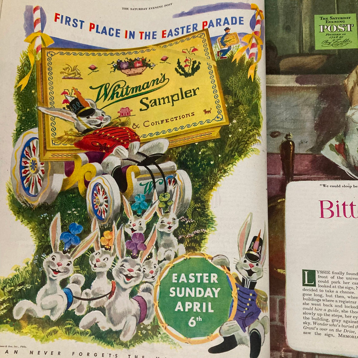 Colorful advertisement for Whitman's Sampler in the Saturday Evening Post Magazine April 5 1947 featuring bunnies celebrating Easter Sunday.