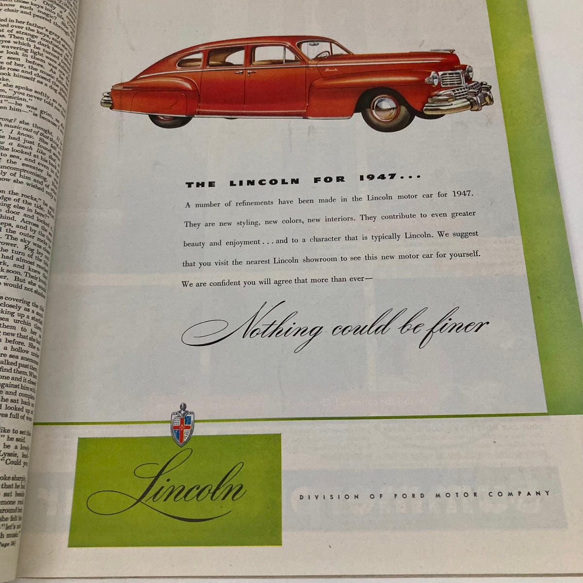 Advertisement for the Lincoln motor car in Saturday Evening Post Magazine April 5 1947, showcasing the new styling and features of the 1947 model.