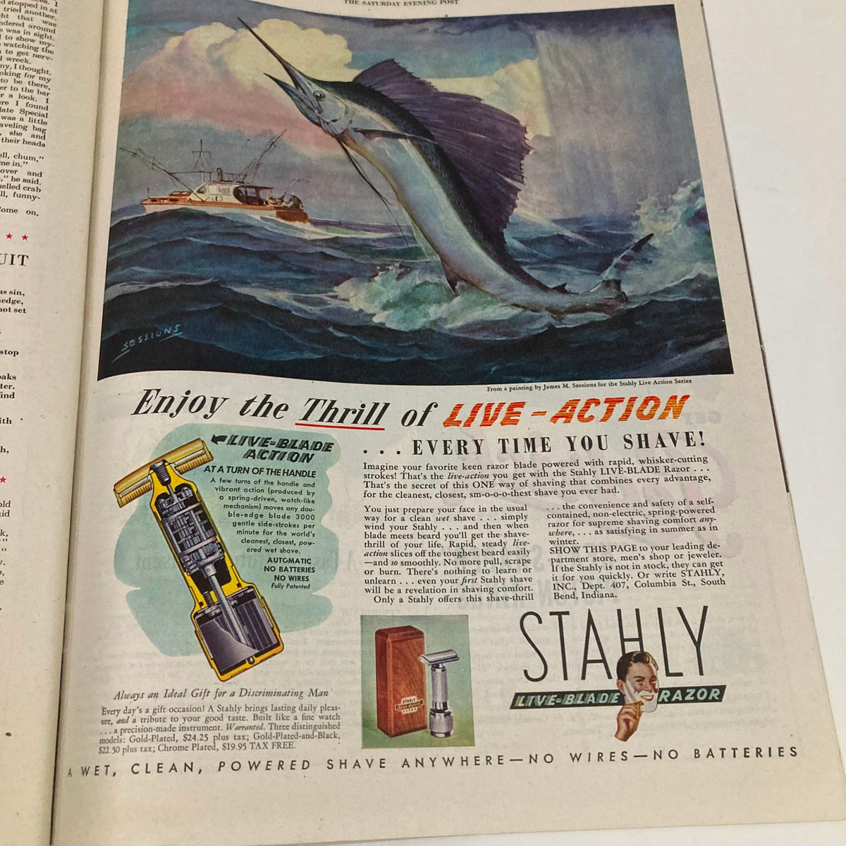 April 5, 1947 Saturday Evening Post Magazine advertisement featuring a marlin and Stahly Live-Blade Razor, showcasing live-action shaving benefits.