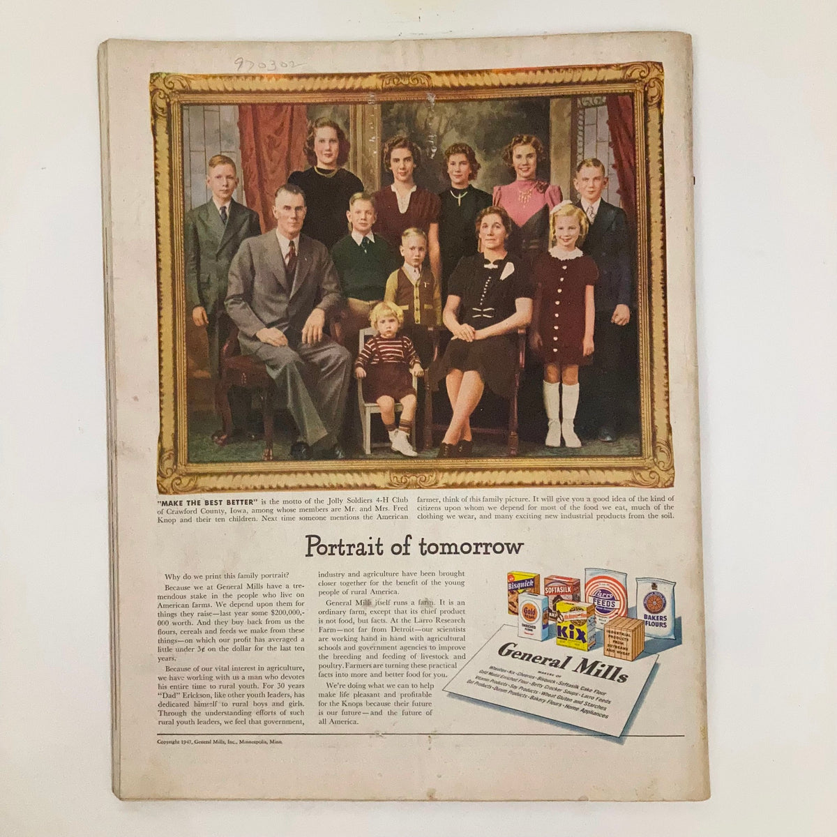 April 5, 1947 Saturday Evening Post Magazine family portrait advertisement by General Mills, illustrating American family values and agricultural themes.