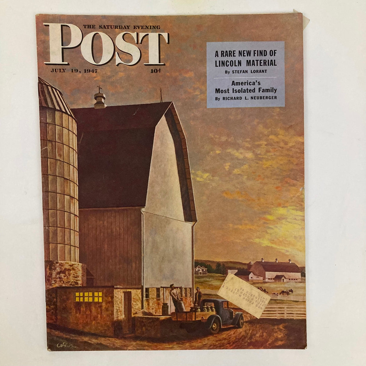 Cover of Saturday Evening Post Magazine dated July 19, 1947, featuring 'Rich Dairy Country' artwork by John Atherton, depicting a serene barn landscape with figures and a vintage truck.