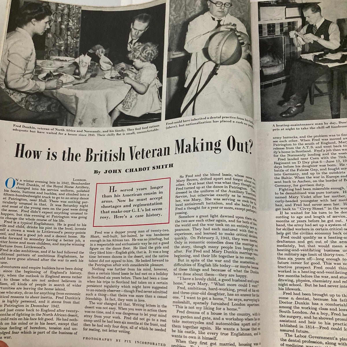 Article page titled 'How is the British Veteran Making Out?' from the Saturday Evening Post Magazine July 19, 1947, featuring black-and-white photographs of a British veteran and his family.