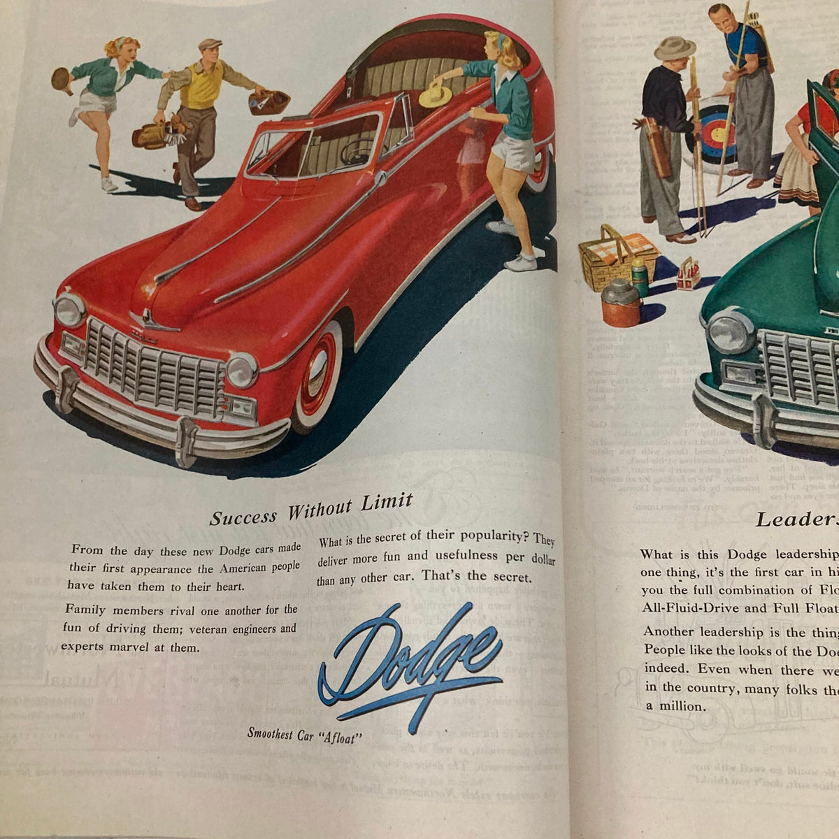 Vintage advertisement for Dodge cars from the Saturday Evening Post Magazine July 19, 1947, depicting a stylish red car with illustrations of people enjoying outdoor activities.