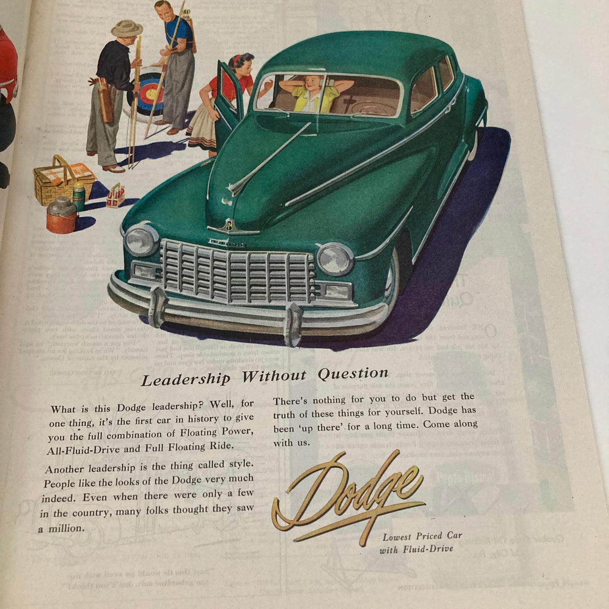 Vintage advertisement for Dodge cars from the Saturday Evening Post Magazine July 19, 1947, highlighting a green car and colorful illustrations of people gathered around it.