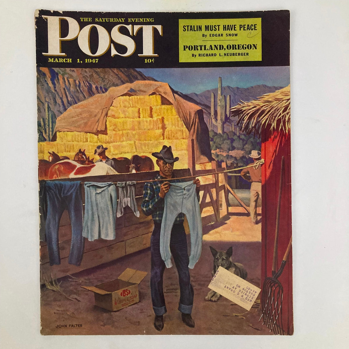 Cover of Saturday Evening Post Magazine from March 1, 1947 featuring 'Cowboy-Laundry' illustration by John Falter, depicting a cowboy hanging laundry in a rustic setting.