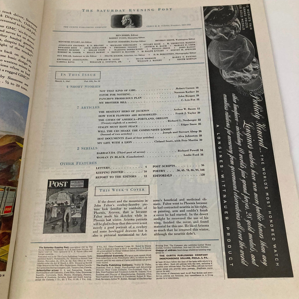 Interior page of Saturday Evening Post Magazine from March 1, 1947 displaying the contents and articles of the issue alongside details about the cover illustration.