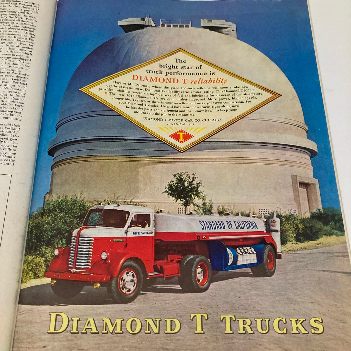 Vintage advertisement for Diamond T Trucks in the Saturday Evening Post Magazine March 1, 1947, featuring a truck in front of a large dome structure emphasizing reliability.