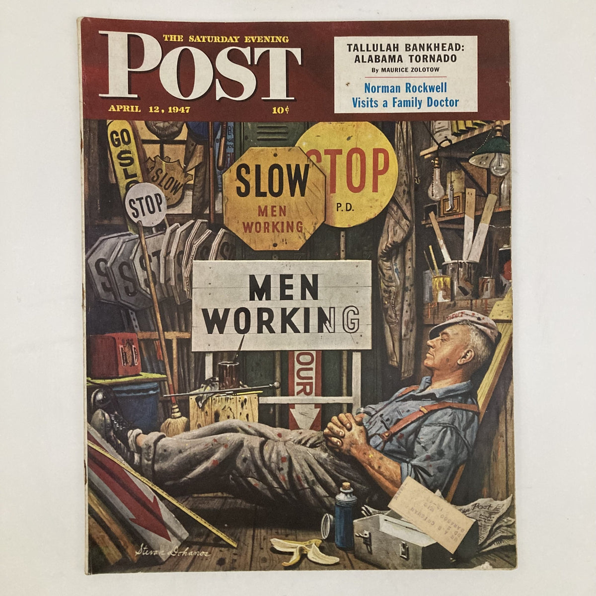 Cover of the Saturday Evening Post Magazine dated April 12, 1947, featuring the cover art "Resting Up" by Stevan Dohanos, depicting a serene scene of leisure with various signs and a relaxed man.