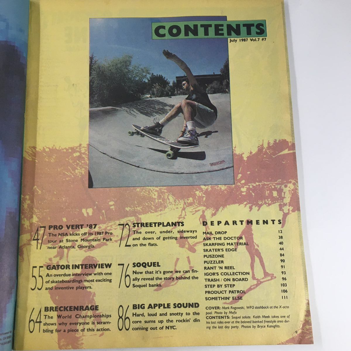 Contents page of VTG Thrasher Magazine July 1987 showcasing various articles, including features on skateboarding events and interviews, preserving important skate culture history.