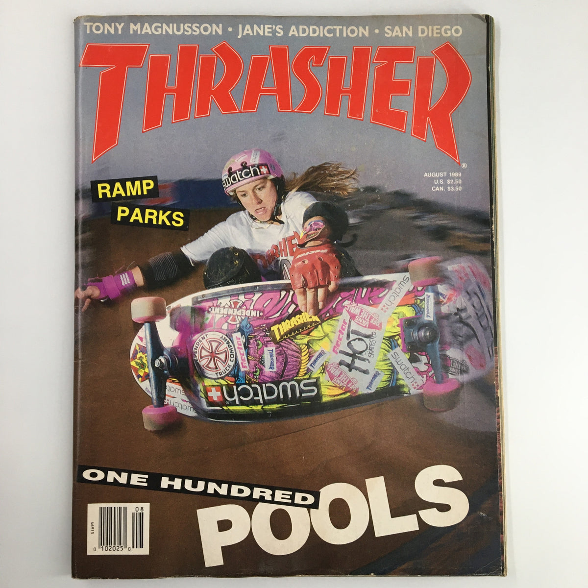 VTG Thrasher Magazine August 1989 featuring Carabeth Burnside on the cover, showcasing an action shot of her skateboarding at the Vans Ramp.