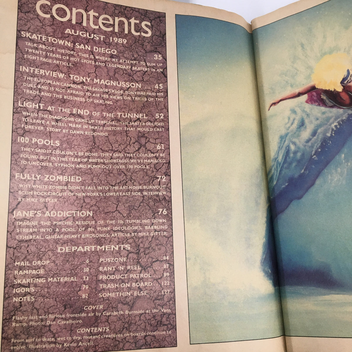 Contents page of the VTG Thrasher Magazine August 1989, outlining articles including an interview with Tony Magnusson and highlights on skateboarding.