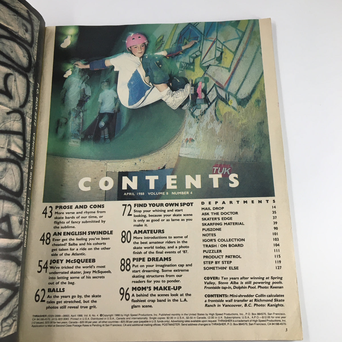 Contents page of VTG Thrasher Magazine April 1988, showcasing articles and features including skateboard tips and profiles from the iconic skateboarding publication.