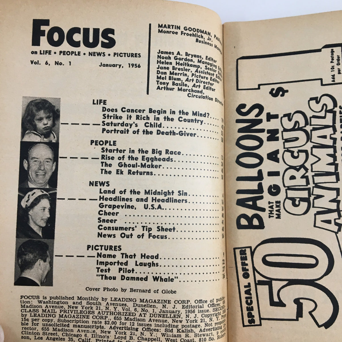 Interior page of VTG Focus Magazine January 1956, listing features including 'Land of the Midnight Sin' and a table of contents highlighting various intriguing articles.