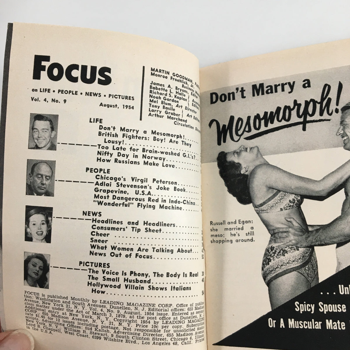 Interior page from VTG Focus Magazine August 1954 showcasing articles and features, including 'How Russians Make Love' and 'Don't Marry a Mesomorph!' The magazine captures cultural insights and vintage advertisements related to the era.