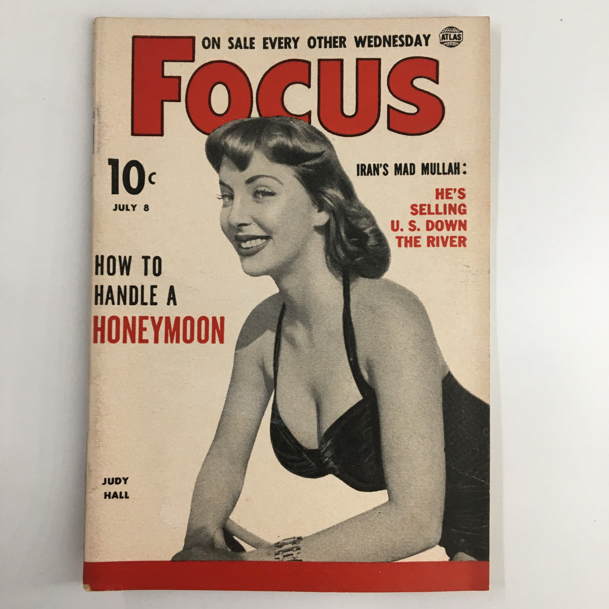 VTG Focus Magazine July 8 1953 featuring Judy Hall on the cover, showcasing her advice on handling a honeymoon with a vintage aesthetic.