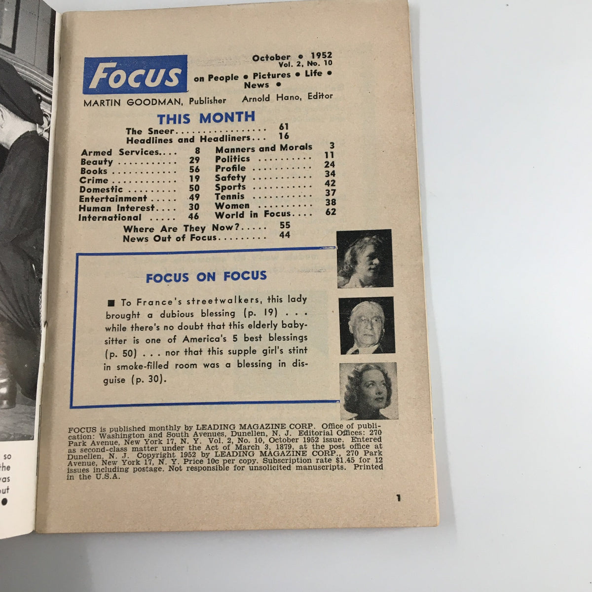 Inside page of VTG Focus Magazine October 1952 outlining contents including articles on morals, politics, and features of the era.