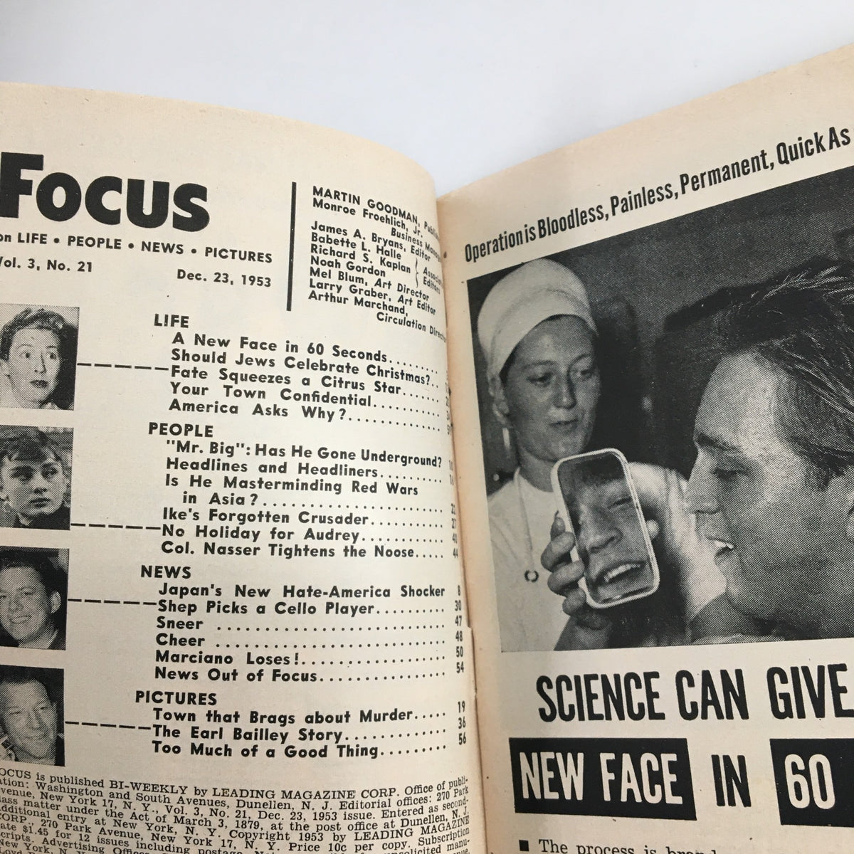 Inside pages of VTG Focus Magazine December 23, 1953, highlighting the article 'Science Can Give You A New Face in 60 Seconds' along with other articles from that era.