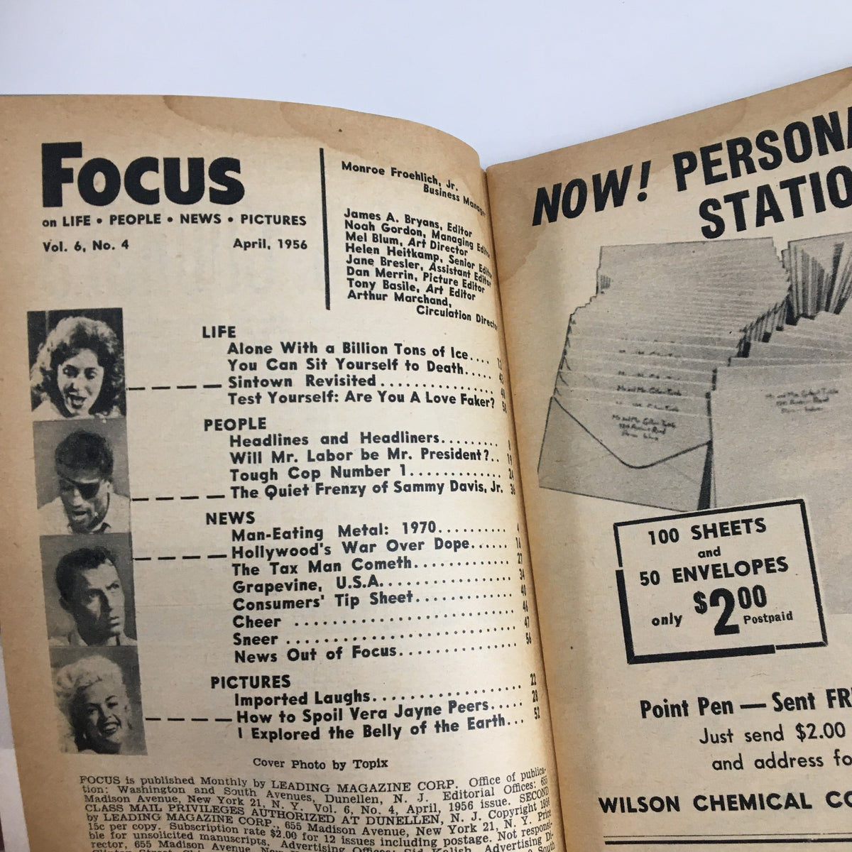 Interior page of VTG Focus Magazine April 1956 showcasing contents and features, including articles like 'Are You A Love Faker?', notable for its mid-century design and vintage charm.
