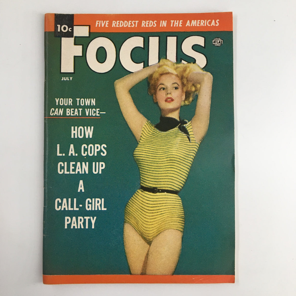 Cover of VTG Focus Magazine July 1954 featuring a woman in a striped swimsuit and the title 'How L.A. Cops Clean Up A Call-Girl Party'.