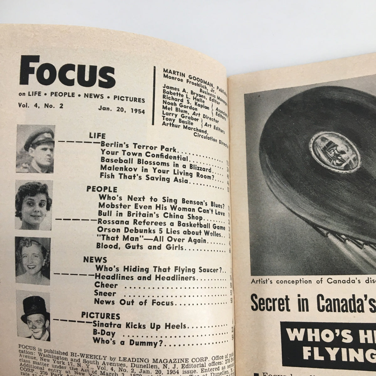 Interior page of VTG Focus Magazine January 20 1954 highlighting articles from the issue, including sections on life, people, and news.