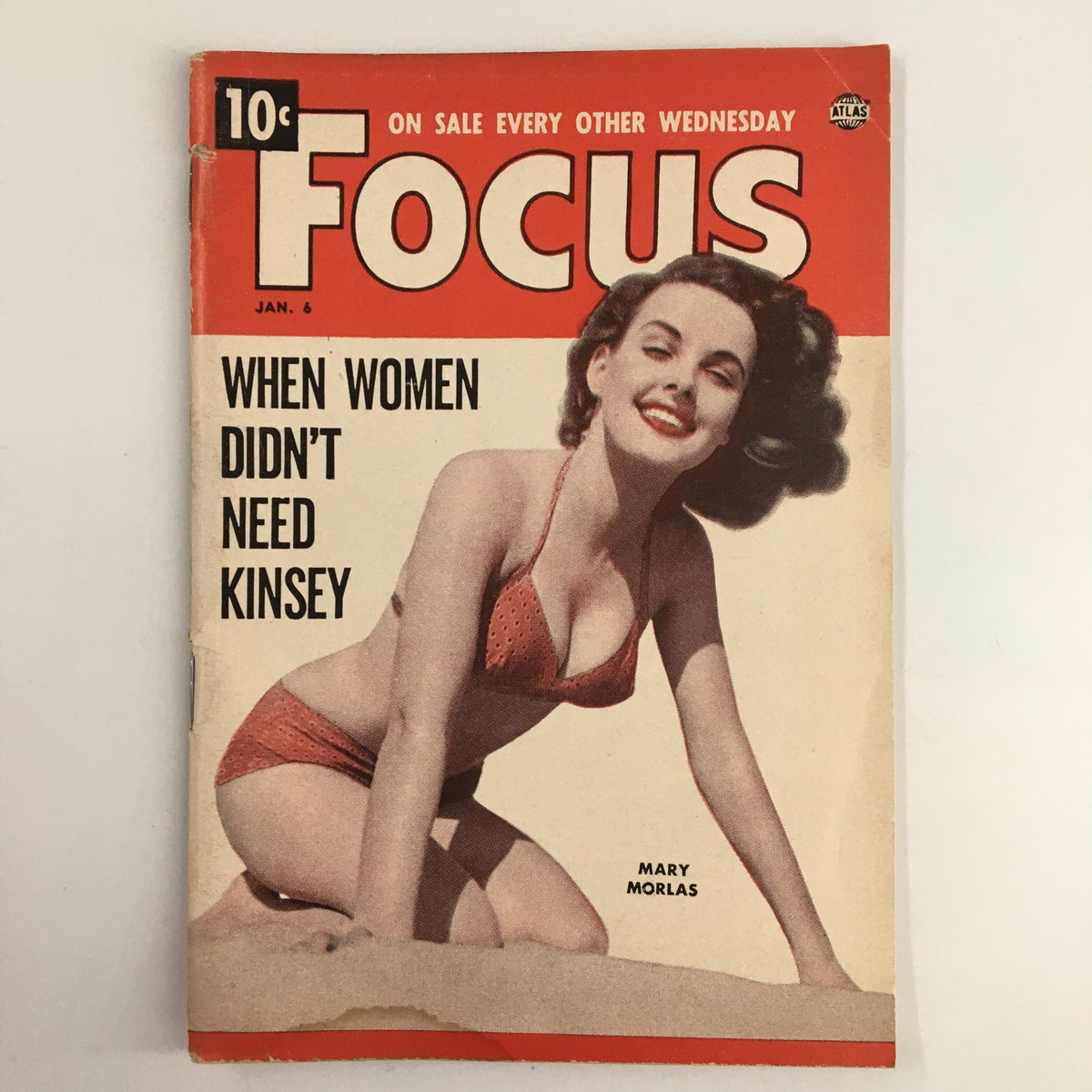 Cover of VTG Focus Magazine January 6, 1954 featuring the headline 'When Women Didn't Need Kinsey' with a smiling woman in a red swimsuit, showcasing vintage magazine style.