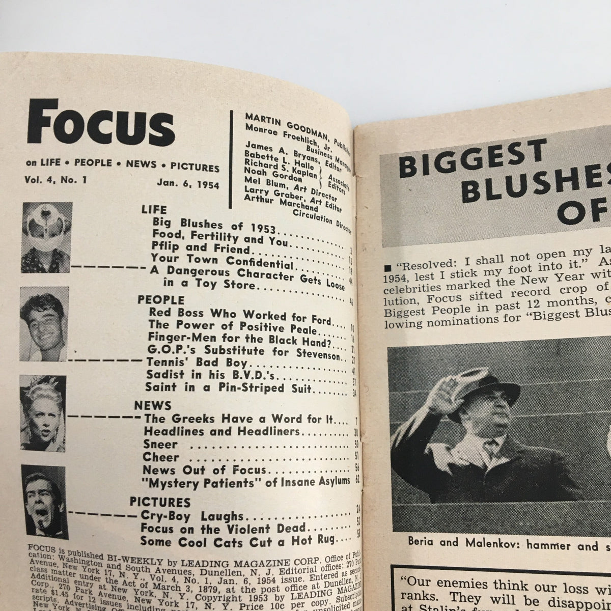 Interior page of VTG Focus Magazine January 6, 1954 displaying the table of contents and articles, emphasizing its historical context and insights from the 1950s.