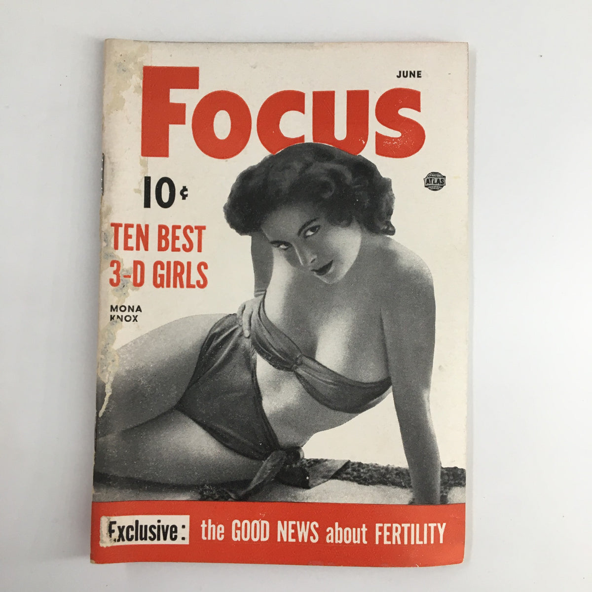 Cover of VTG Focus Magazine June 1953 featuring Mona Knox with the article title 'The Good News About Fertility', showcasing mid-century design and culture.