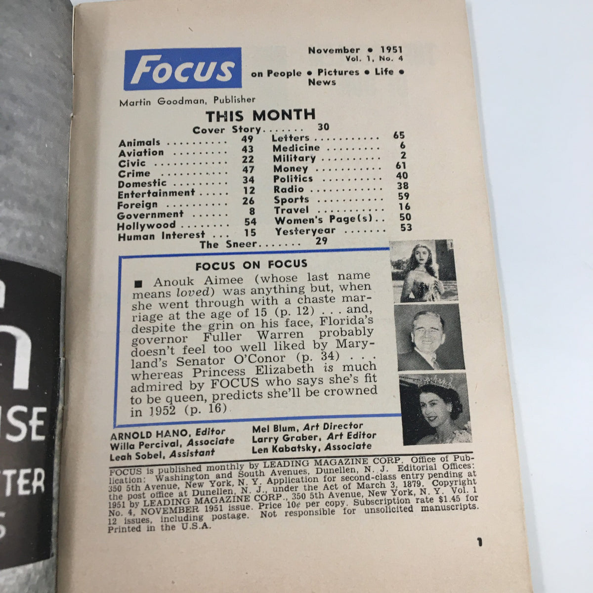 Interior page of VTG Focus Magazine November 1951 displaying the table of contents, including articles on aviation, human interest, crime, and politics.