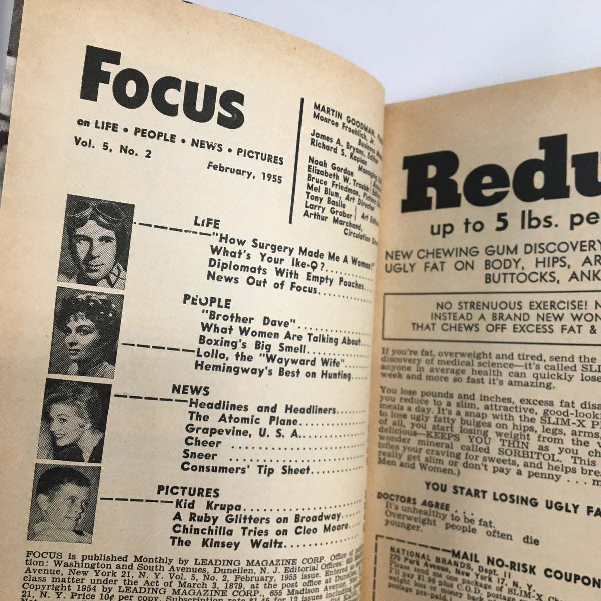 Inside page of VTG Focus Magazine February 1955, listing articles including 'Hemingway's Best on Hunting', highlighting the magazine's content and layout.