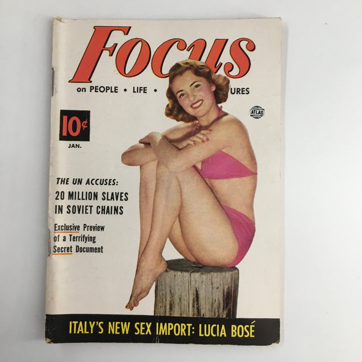 Cover of VTG Focus Magazine January 1953 featuring Italy's New Sex Import Lucia Bose, showcasing a woman in a pink swimsuit, with headlines and an attractive design.