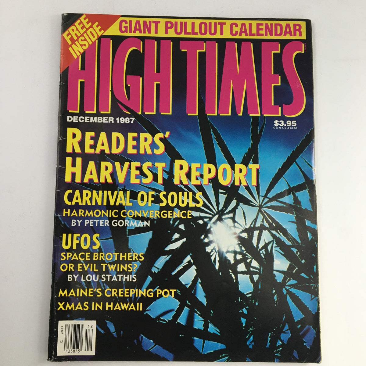 High Times Magazine cover from December 1987 featuring the title 'Readers' Harvest Report,' and topics like 'Carnival of Souls' and 'UFO Space Brothers,' with vibrant colors and iconic cannabis imagery.