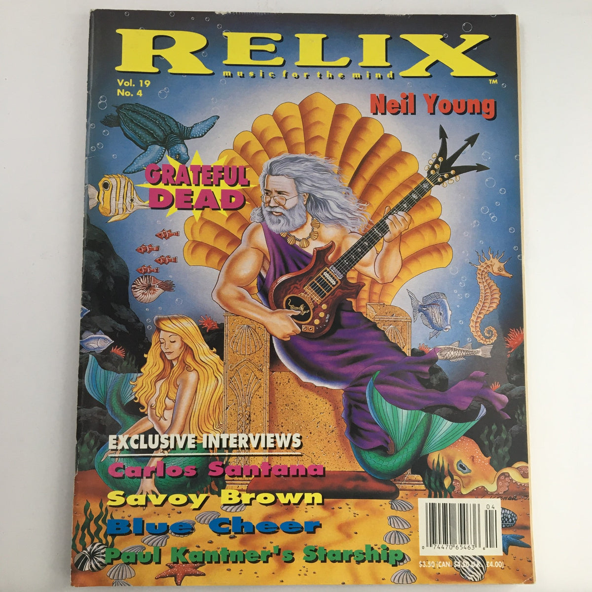 Relix Magazine August 1992 Vol 19 #4 featuring Neil Young, with colorful underwater artwork, showcasing articles about Carlos Santana, Savoy Brown, and classic rock music.