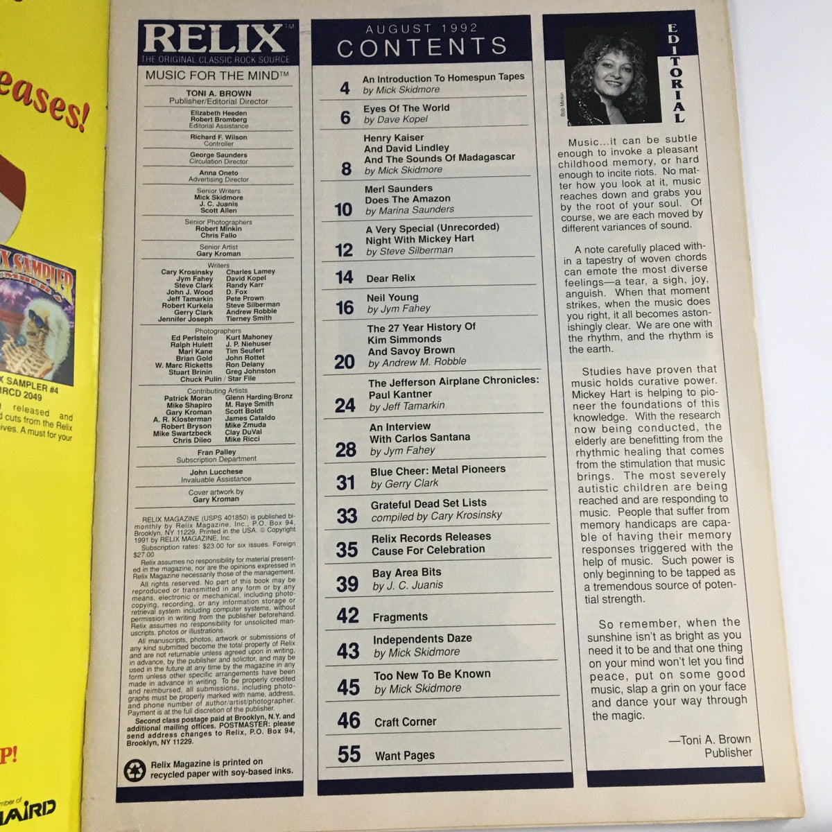 Interior page of Relix Magazine August 1992 Vol 19 #4 displaying the table of contents including features on Neil Young, Carlos Santana, and classic rock history.