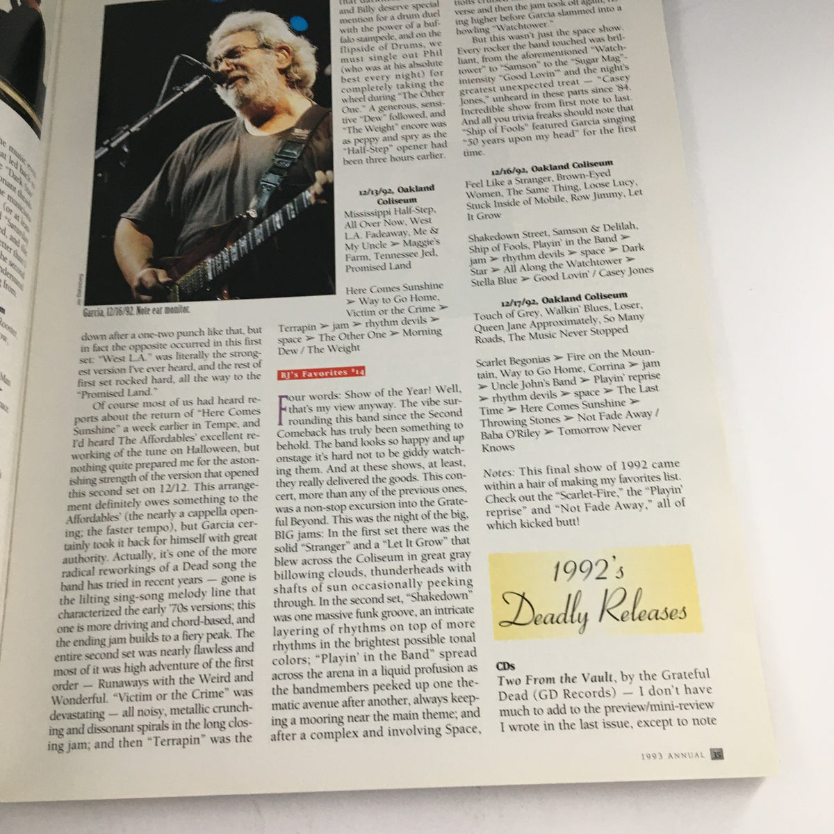 Image from The Golden Road Issue 27 1993 Annual featuring a musician performing, reflecting the vibrant culture of the Deadheads Tour & Jerry Garcia Emergency.